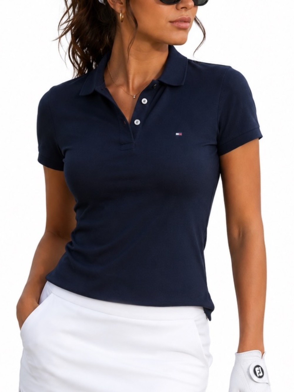Tommy Hilfiger Polo Shirt Womens Size Small Navy Blue Slim Fit Golf Athletic Cot